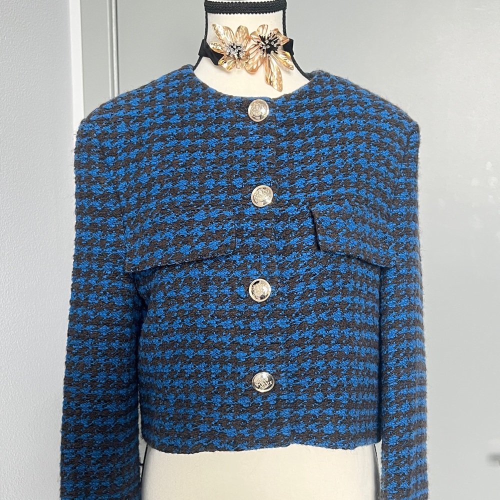 Zara Houndstooth Plaids Tweed Blazer Jacket